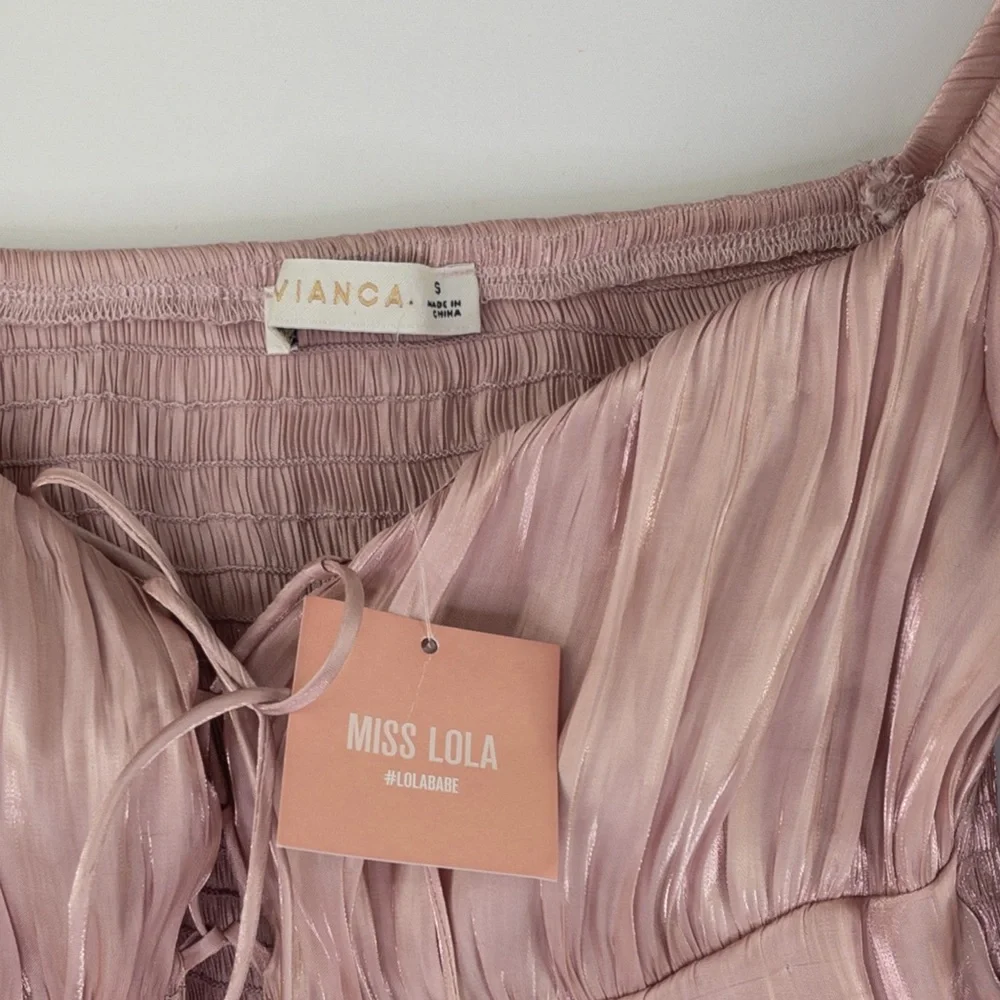NWT Miss Lola Crop Top Puff Long Sleeve Front Tie Pink Size Small